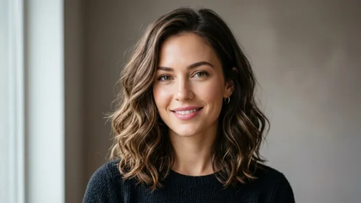 Woman with natural wavy lob haircut at collarbone length showing perfect wave texture and movement