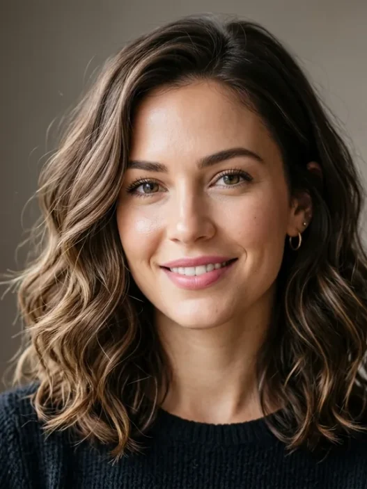 Woman with natural wavy lob haircut at collarbone length showing perfect wave texture and movement