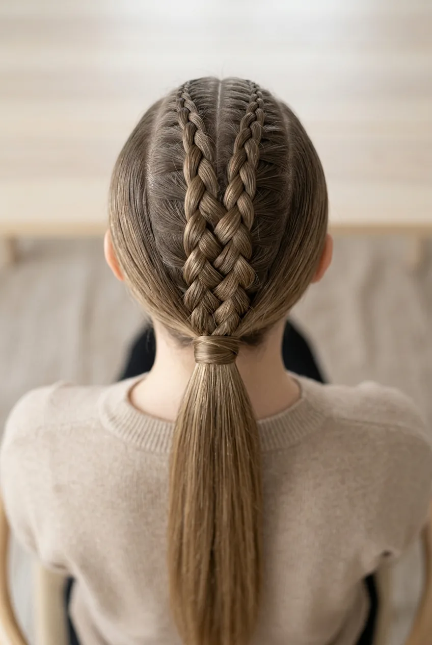 Overhead view of completed braided ponytail showing intricate braid leading into sleek ponytail