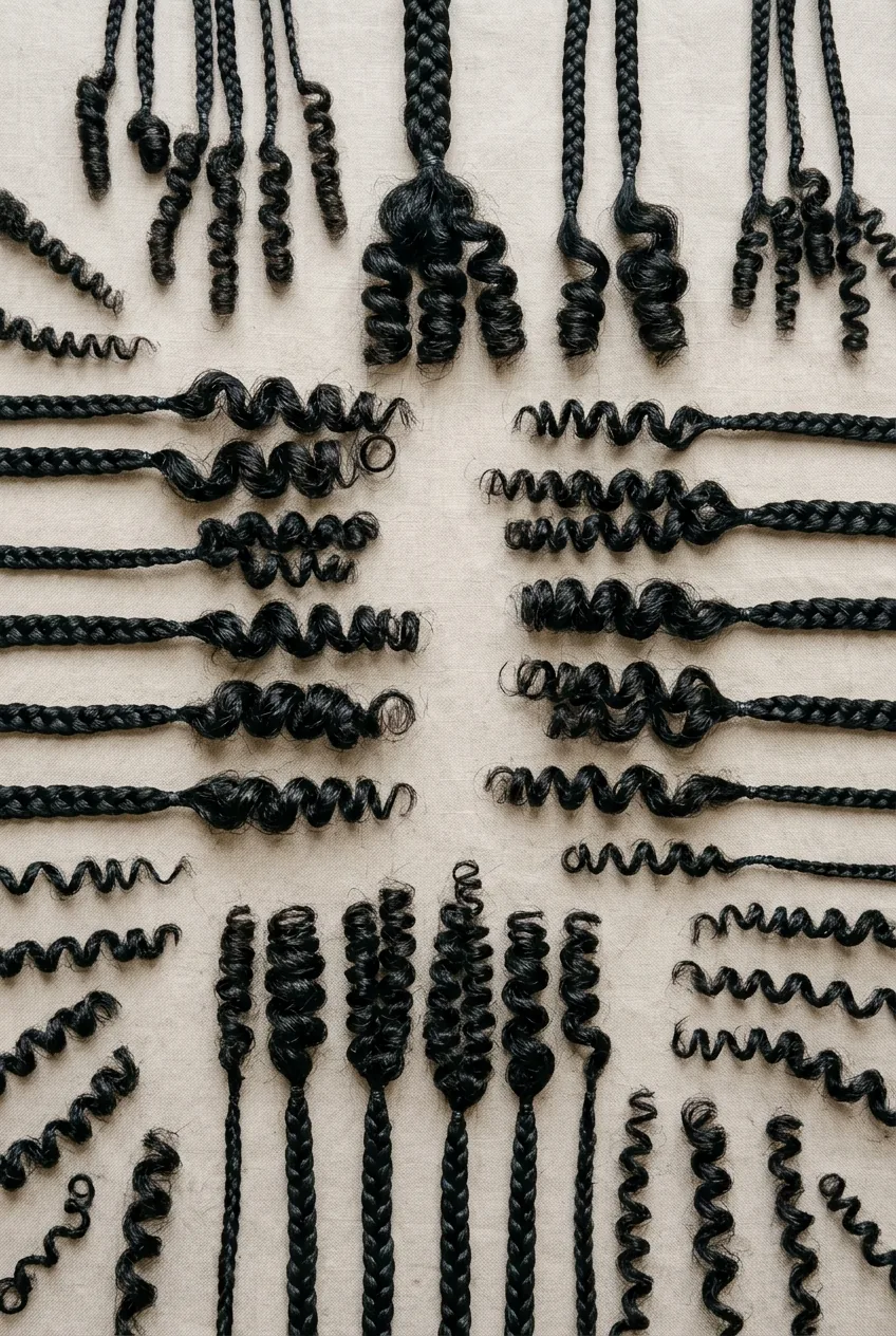Overhead view of multiple short braids displaying variety of curl patterns and textures