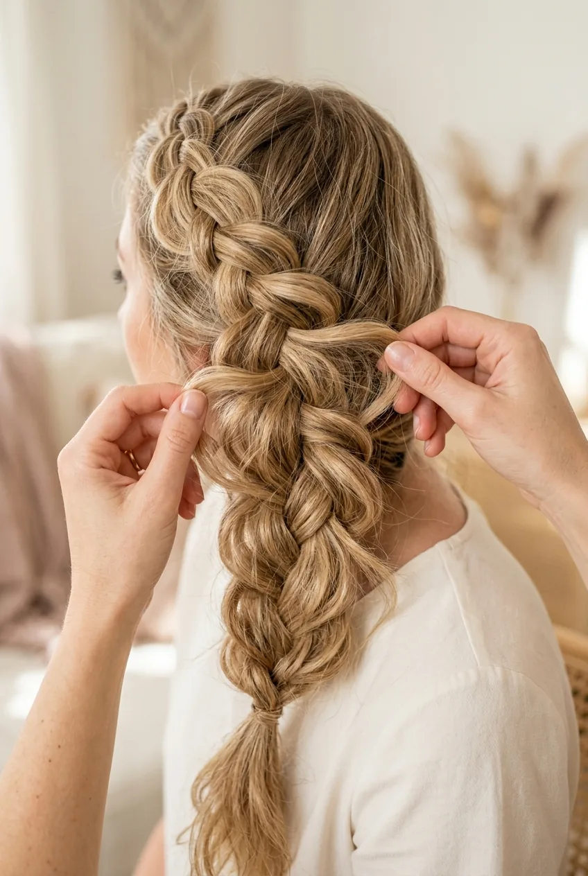 Fingers gently pulling at braid sections to create textured pancaked effect