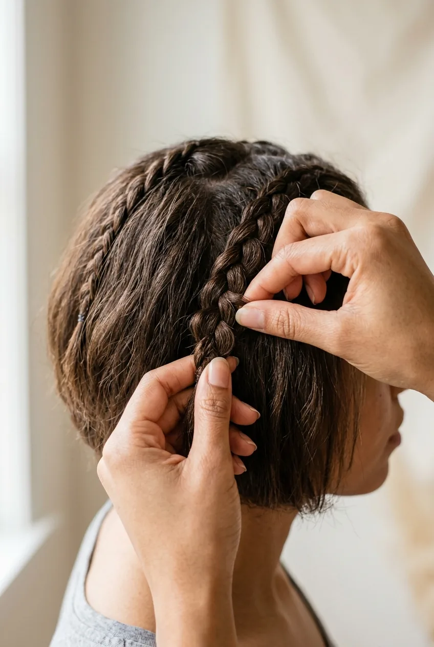 Fingers gently pancaking completed braids on short bob to create fuller textured appearance