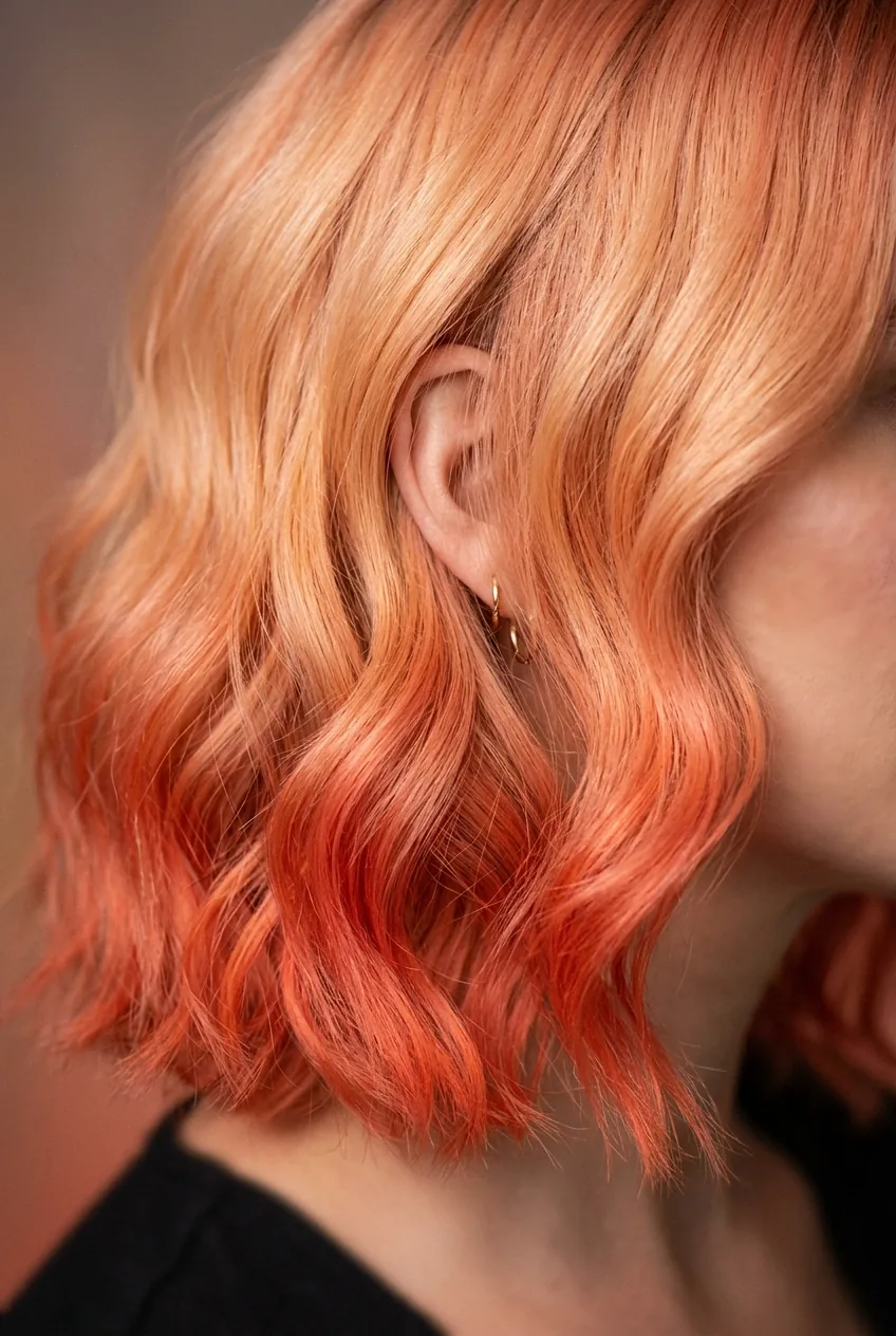 Peach and coral sunset ombré on textured bob showing gradient color transition