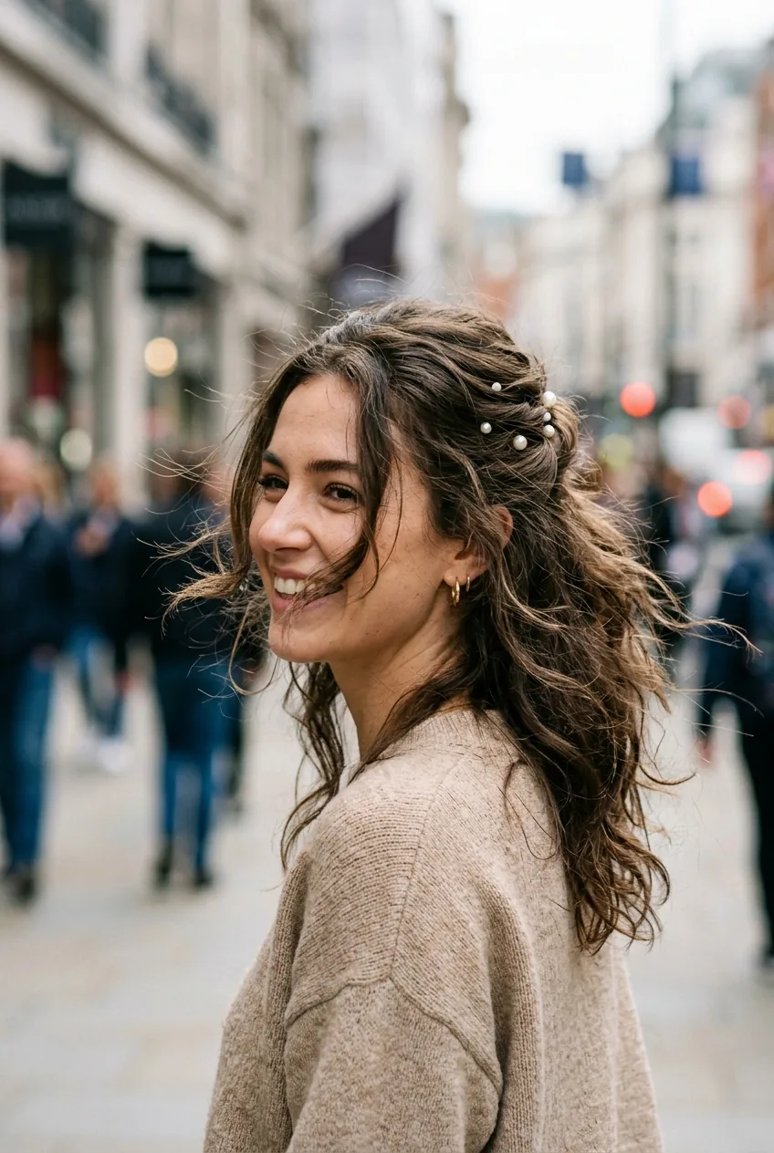 Woman with romantic half-up hairstyle adorned with strategically placed pearls
