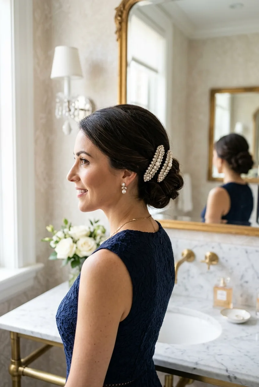 Woman wearing pearl barrettes in low chignon hairstyle with soft lighting highlighting the accessories