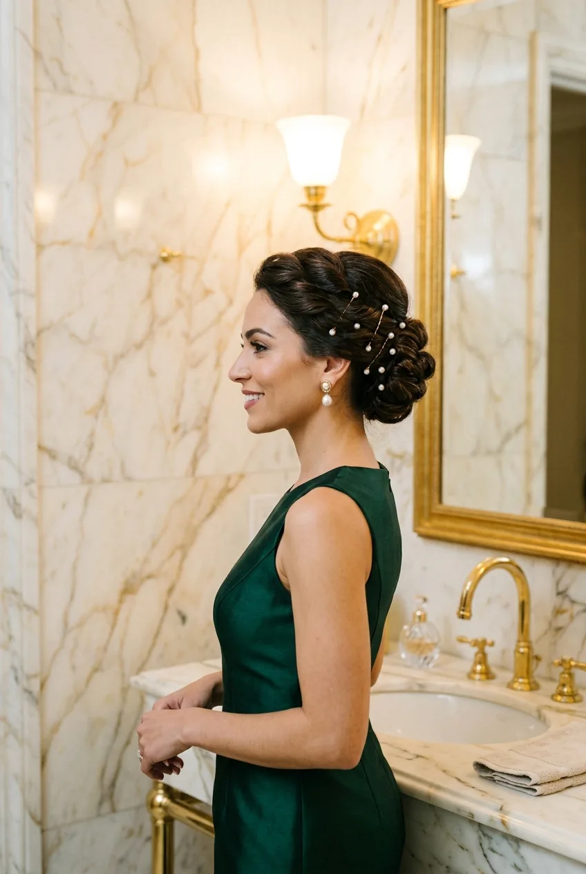Woman with sophisticated updo secured by delicate pearl-tipped bobby pins in luxury bathroom setting