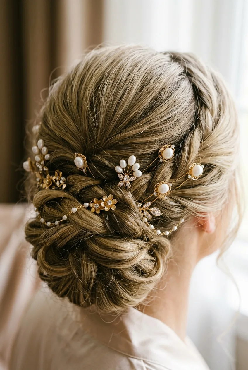 Macro shot of delicate pearl pins and gold accessories placed in styled updo hairstyle
