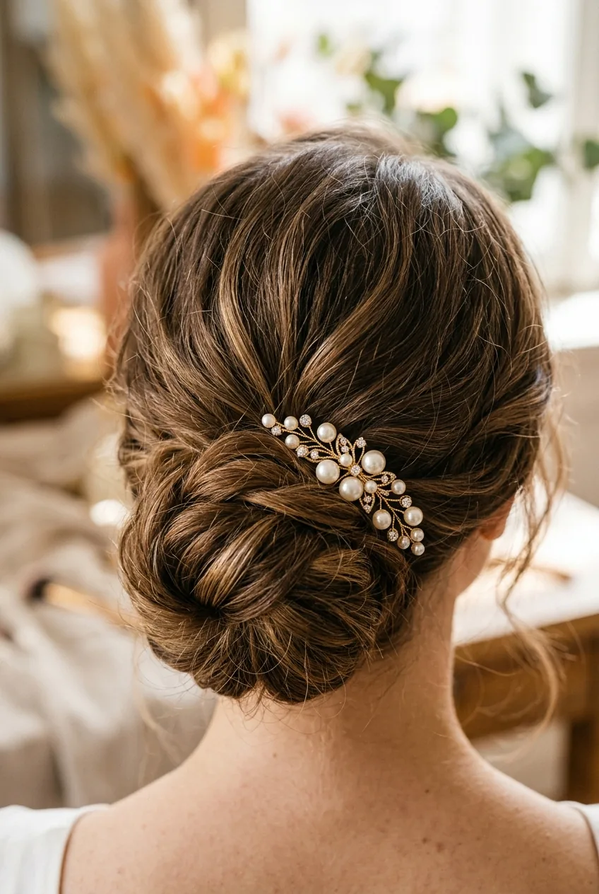 Close-up of delicate pearl hairpin in textured chignon showing volume in fine hair