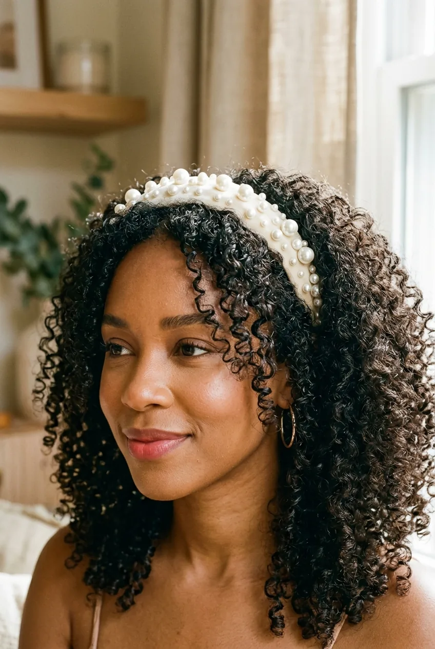 Pearl headband nestled in healthy bouncy natural curls showing defined curl pattern