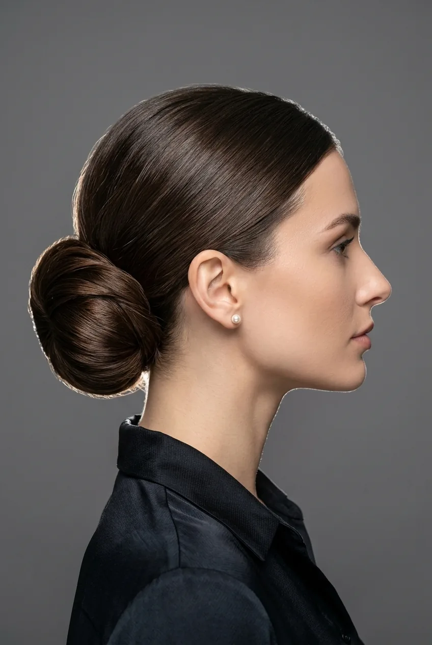 Woman with perfect chignon at nape showing smooth rounded updo shape from side view