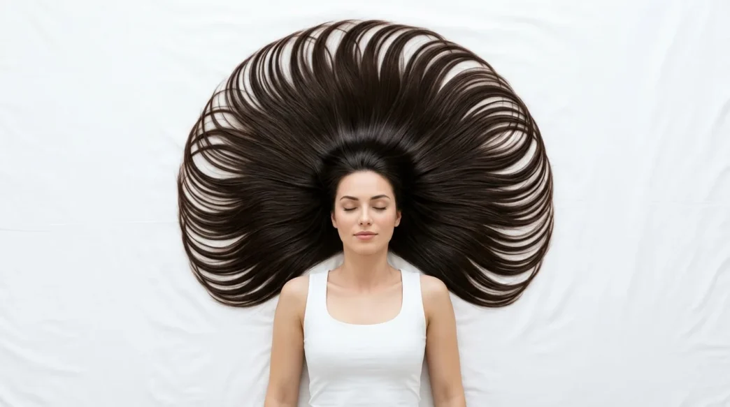 Woman's hair arranged in perfect circle around her head showing hairstyle inspiration potential