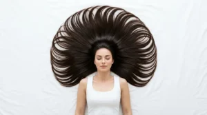 Woman's hair arranged in perfect circle around her head showing hairstyle inspiration potential