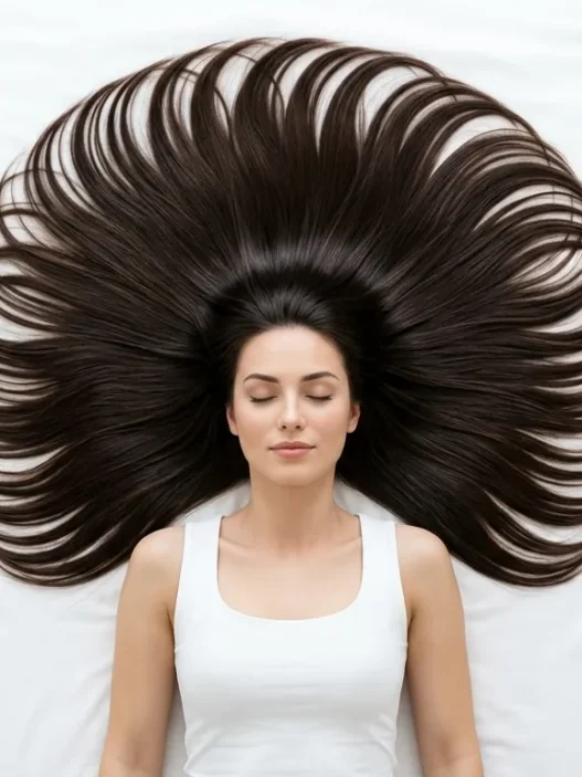 Woman's hair arranged in perfect circle around her head showing hairstyle inspiration potential