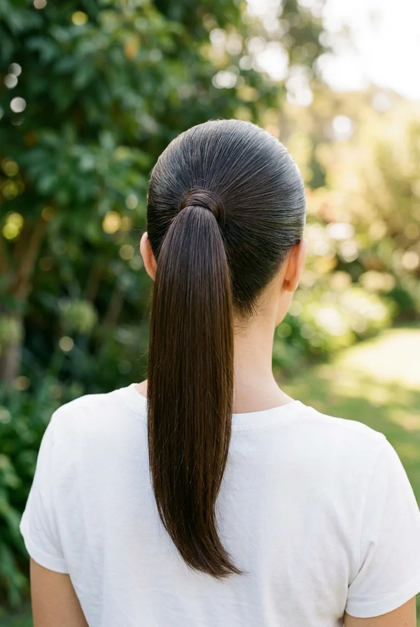 Clean high ponytail from behind showing smooth gather and no flyaways on woman in white shirt