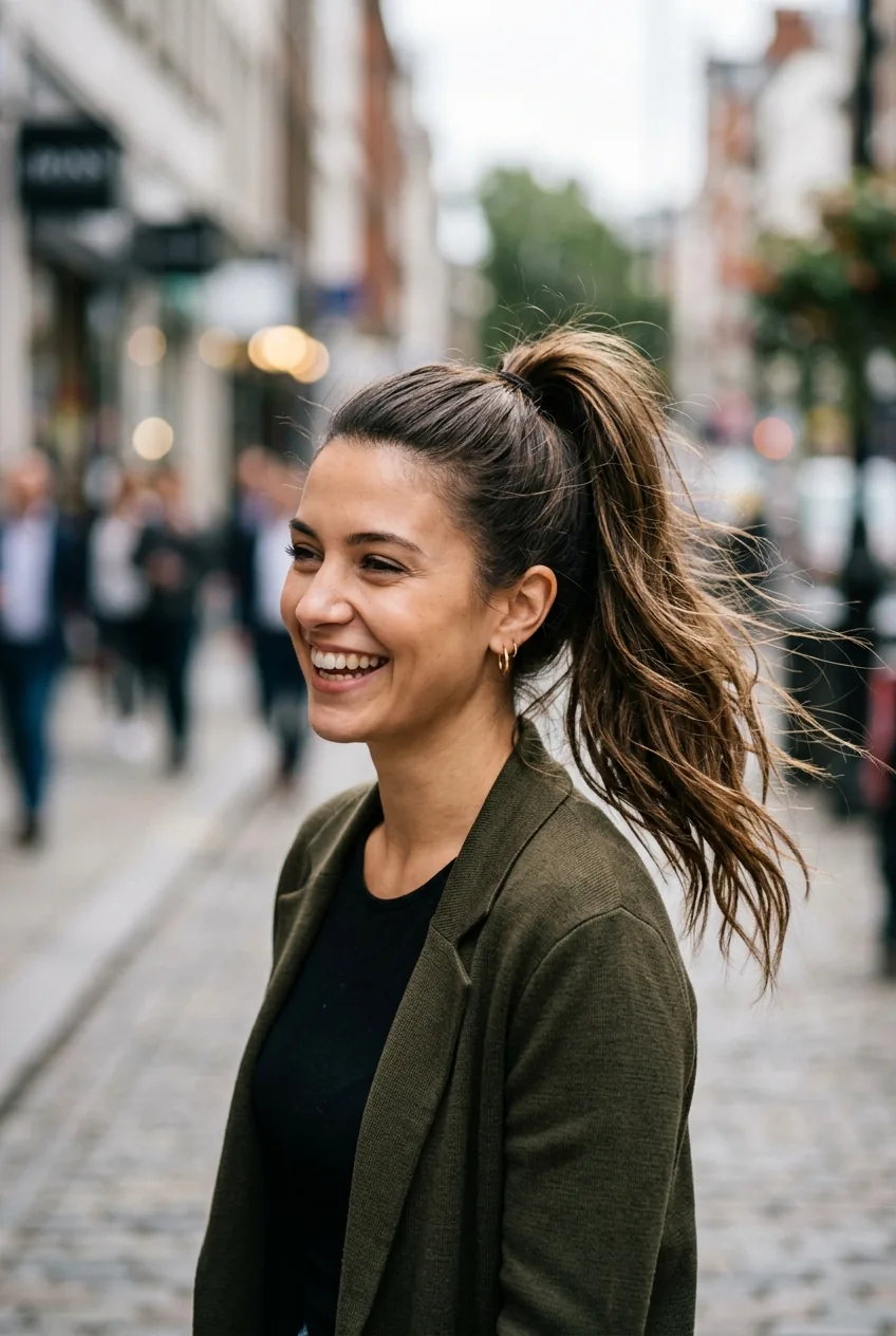 Young woman with perfectly positioned high ponytail demonstrating proper height and volume