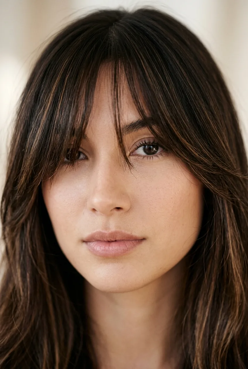 Dark brown curtain bangs hitting at precise cheekbone level with subtle highlights