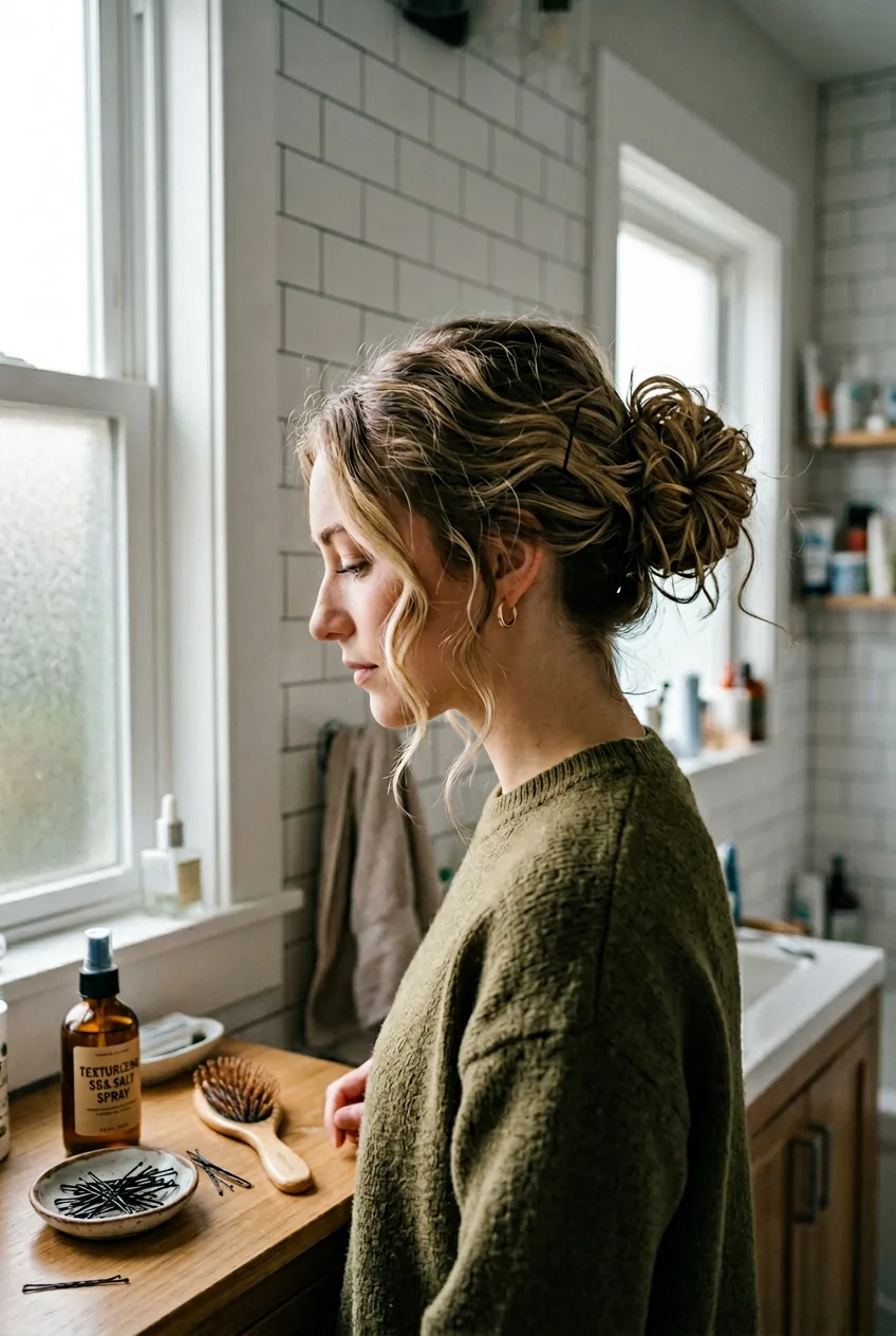 Woman with perfectly imperfect messy bun from side showing loose face-framing pieces