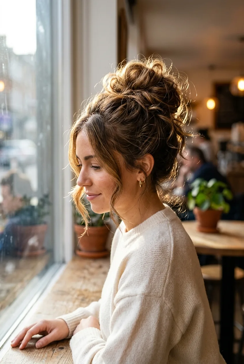 Woman with perfectly textured messy bun showing strategic loose pieces