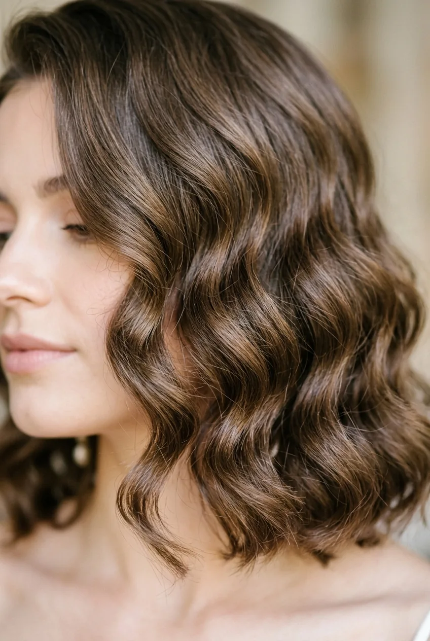 Close-up of perfectly styled wavy lob with defined waves and natural movement