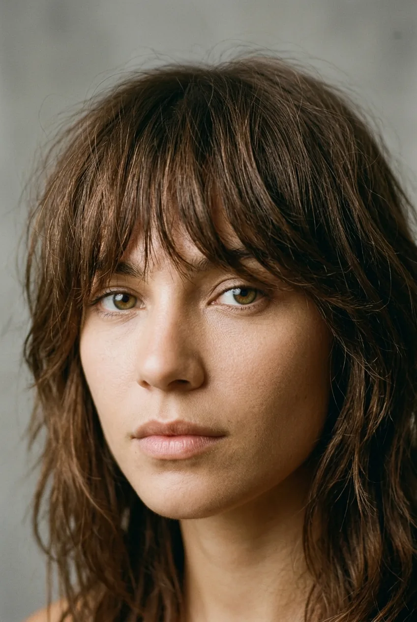 Portrait focused on piece-y shag bangs framing eyes with soft natural fall