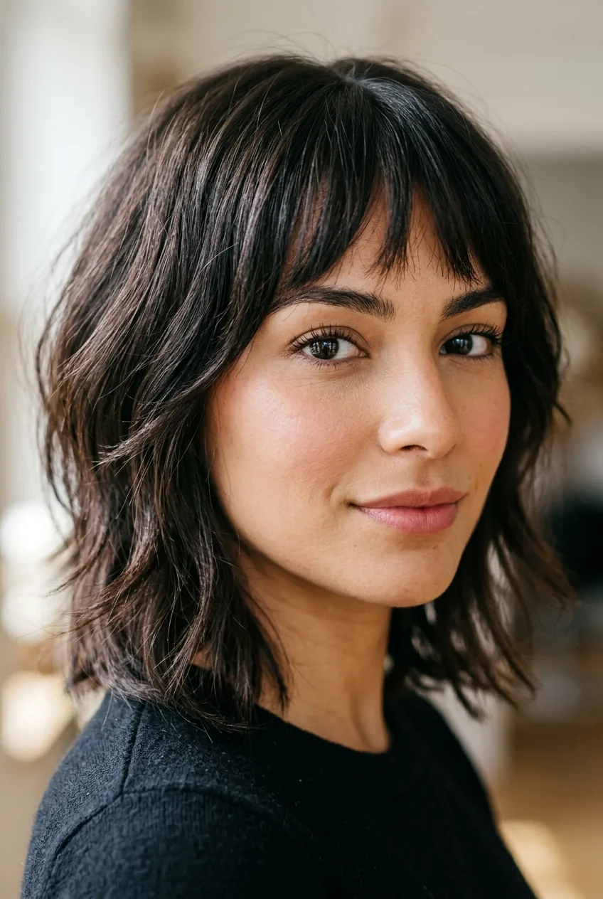 Piece-y textured bangs blending seamlessly into face-framing layers for forehead balance