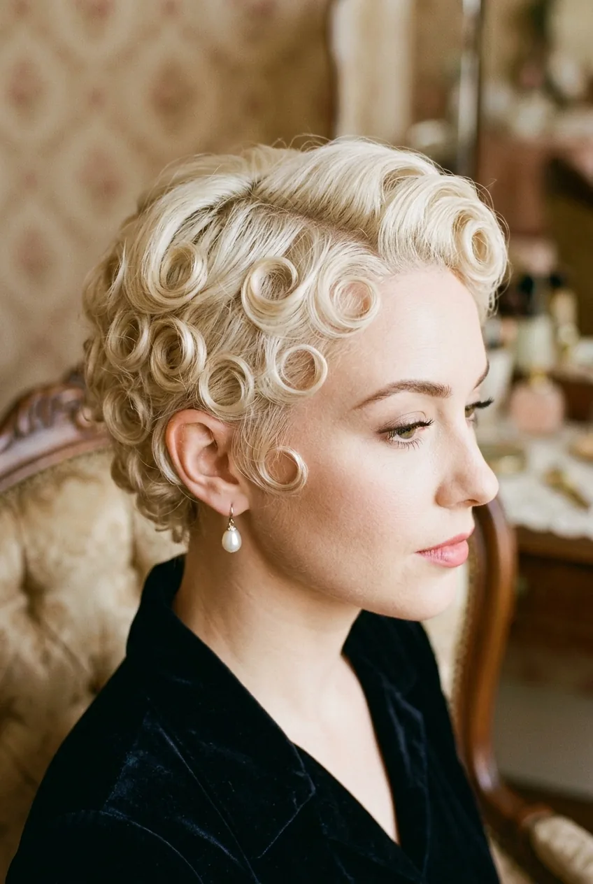 Pin curl pixie cut with vintage-inspired tiny ringlets styled around face and temples