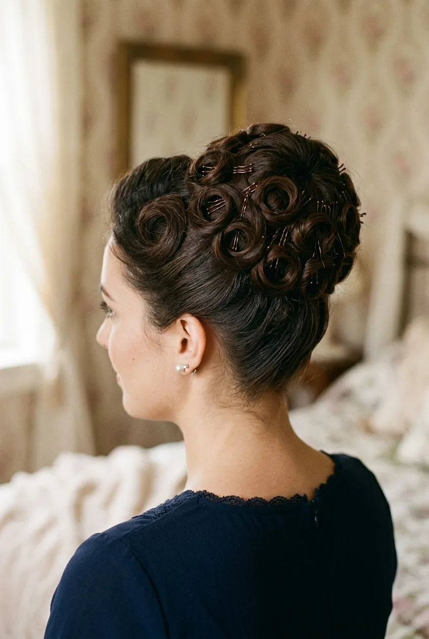 Vintage pin curls high bun with individual curl sections pinned around center point
