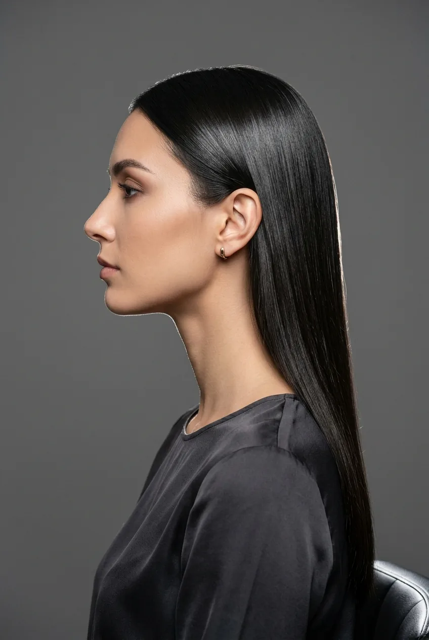 Woman with pin-straight hair showing glossy mirror-like finish and shine