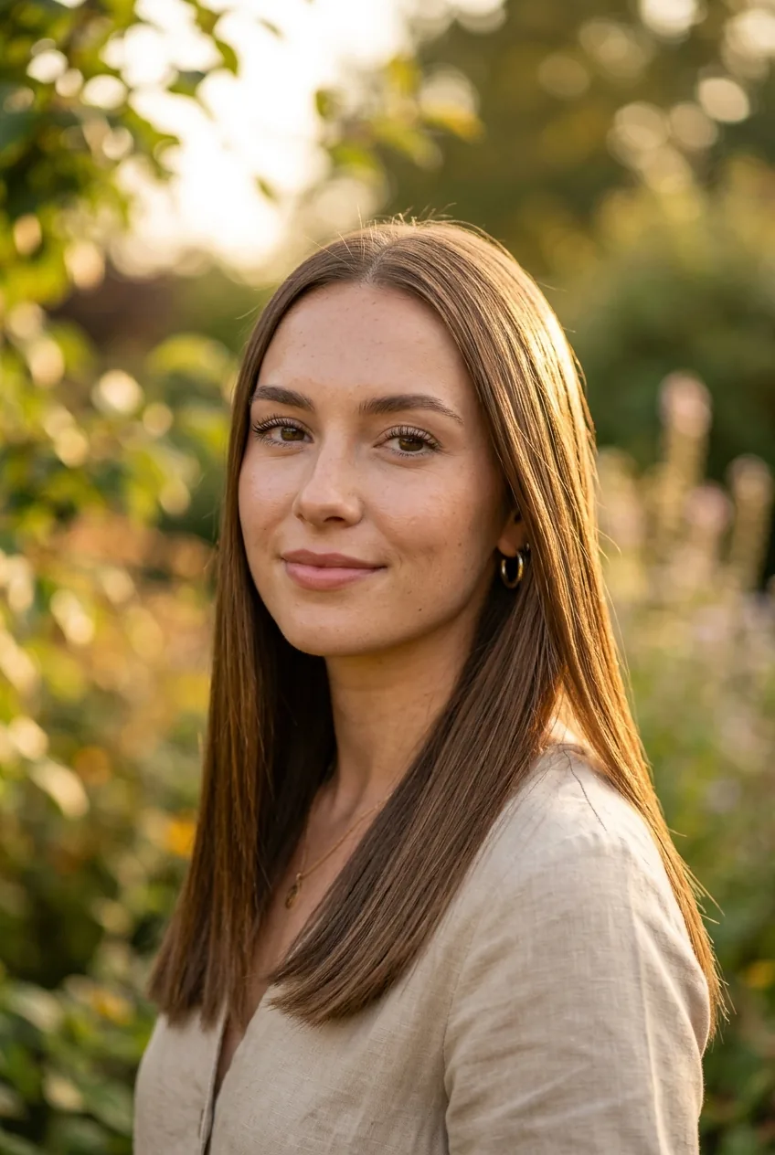 Woman with pin-straight hair showing ultra-flat ironed texture with no movement