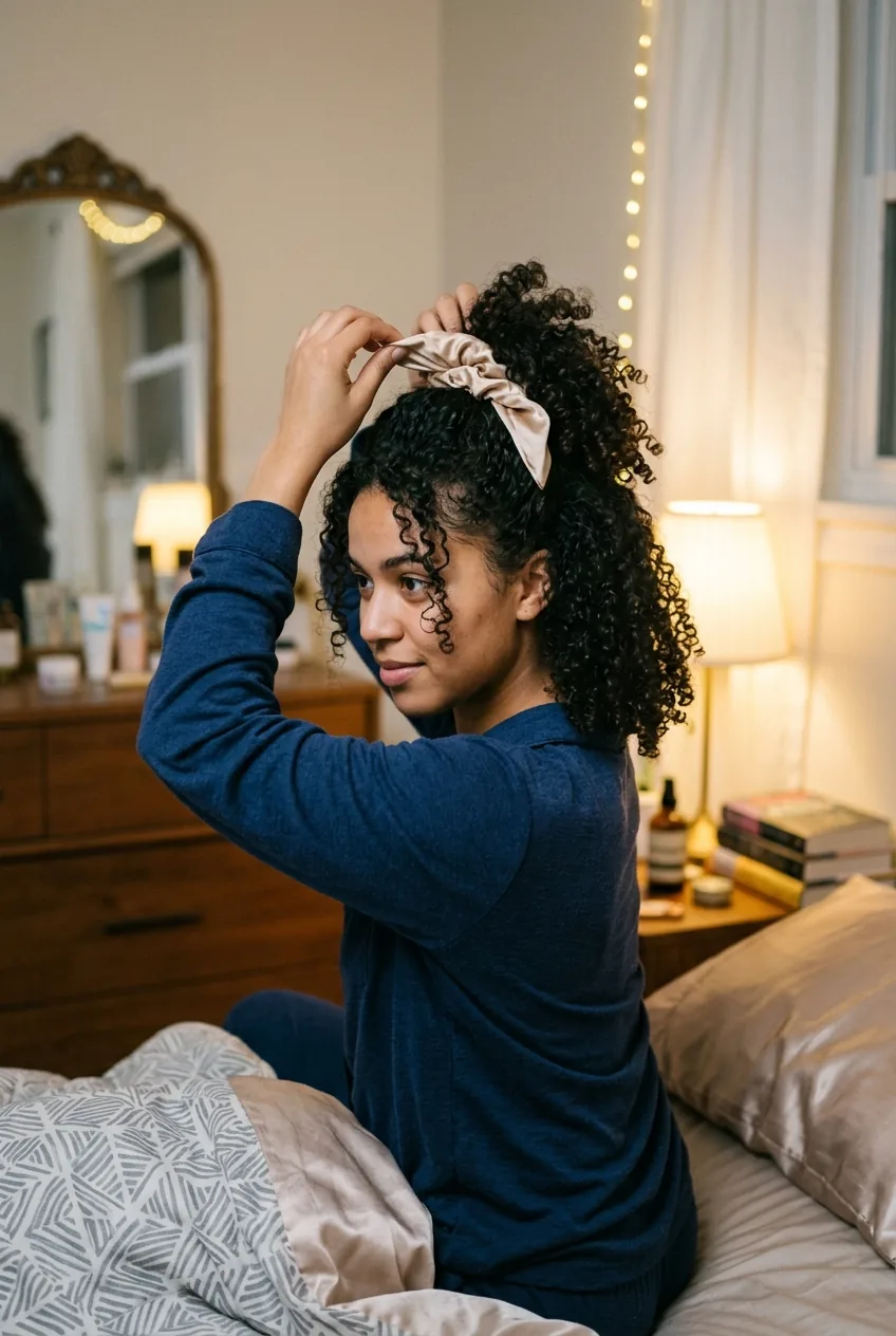 Curly lob styled in silk scrunchie pineapple for overnight curl preservation in bedroom setting