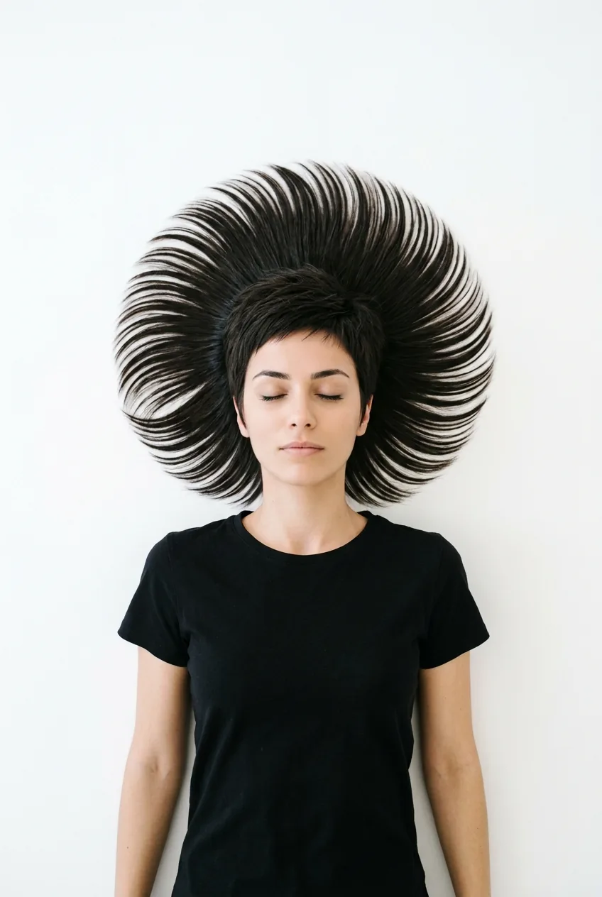 Short pixie cut hair arranged in small perfect circle showing precise styling and texture