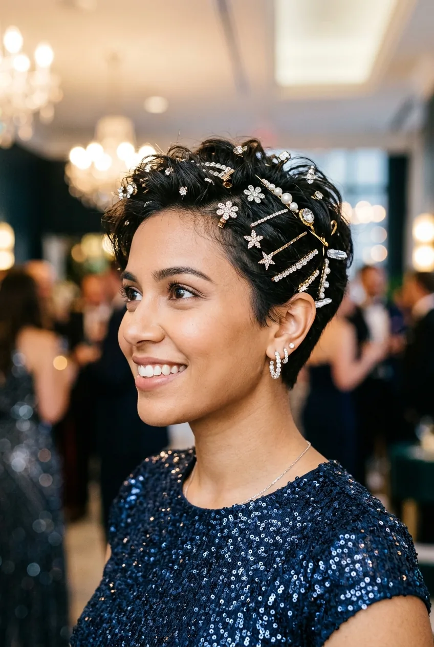 Short pixie cut decorated with multiple sparkly clips and formal hair pins