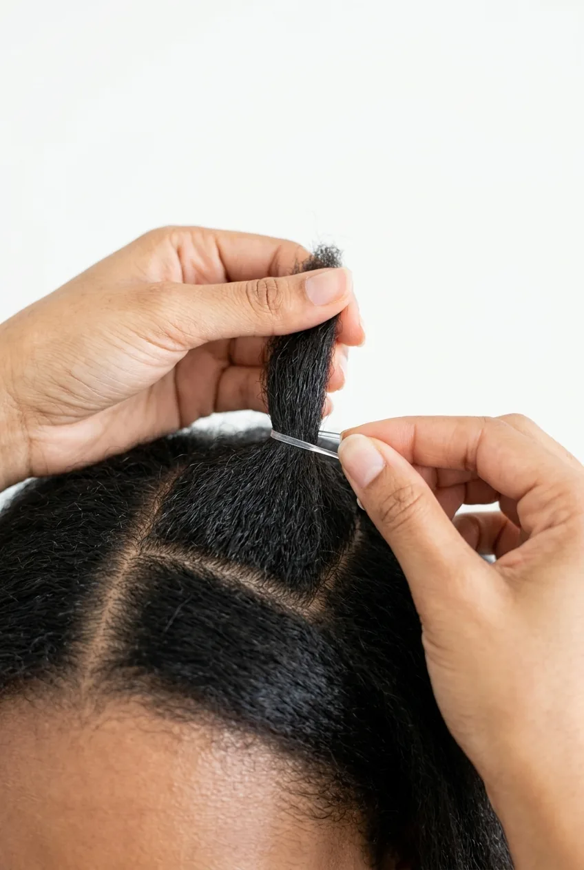 Close-up of fingers placing clear elastic band two inches from scalp on sectioned hair