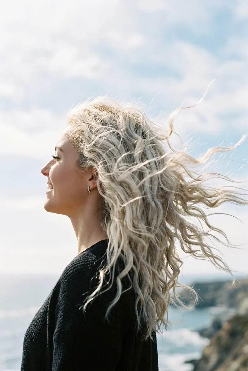 Side profile of woman with platinum blonde wavy hair flowing dramatically in wind against bright sky