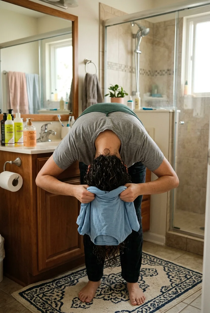 Woman plopping thin curly hair with t-shirt, head upside down for volume