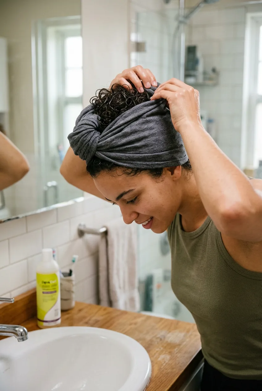 Woman plopping thin curly hair with cotton t-shirt wrapped around head in bathroom