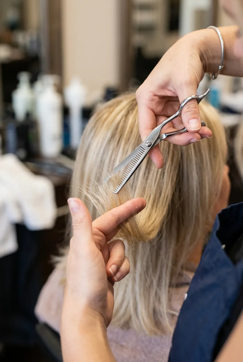 Thinning shears making precise point cuts into blonde hair ends creating feathery textured finish