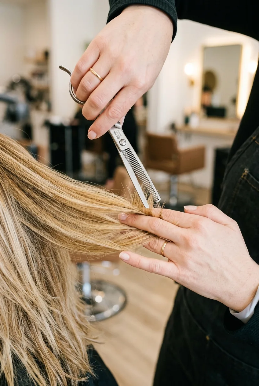 Point cutting technique creating V-shaped notches in blonde hair ends with thinning shears