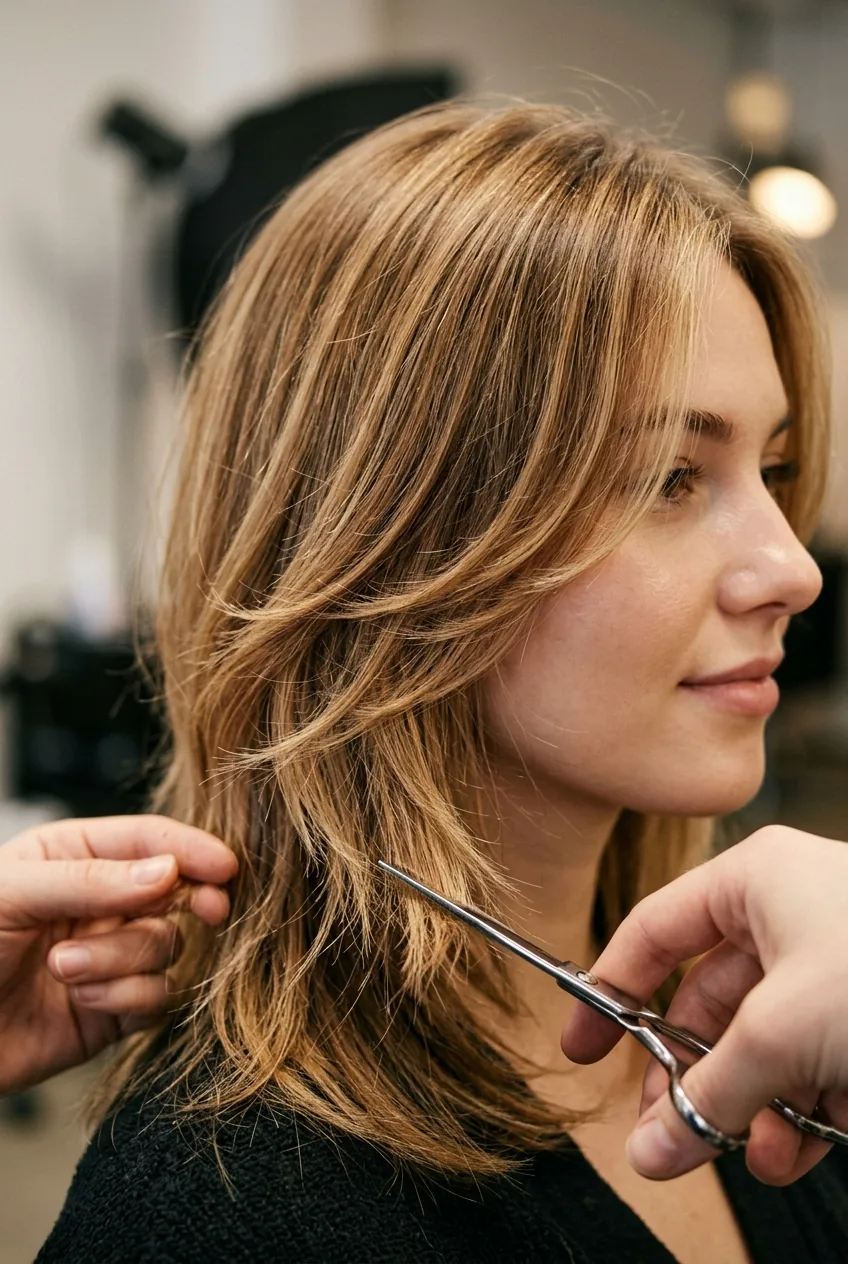 Close-up demonstration of point cutting technique creating feathered edges in soft layered haircut