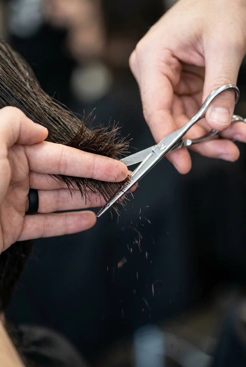 Point cutting scissors creating micro-notches in hair ends for soft texture