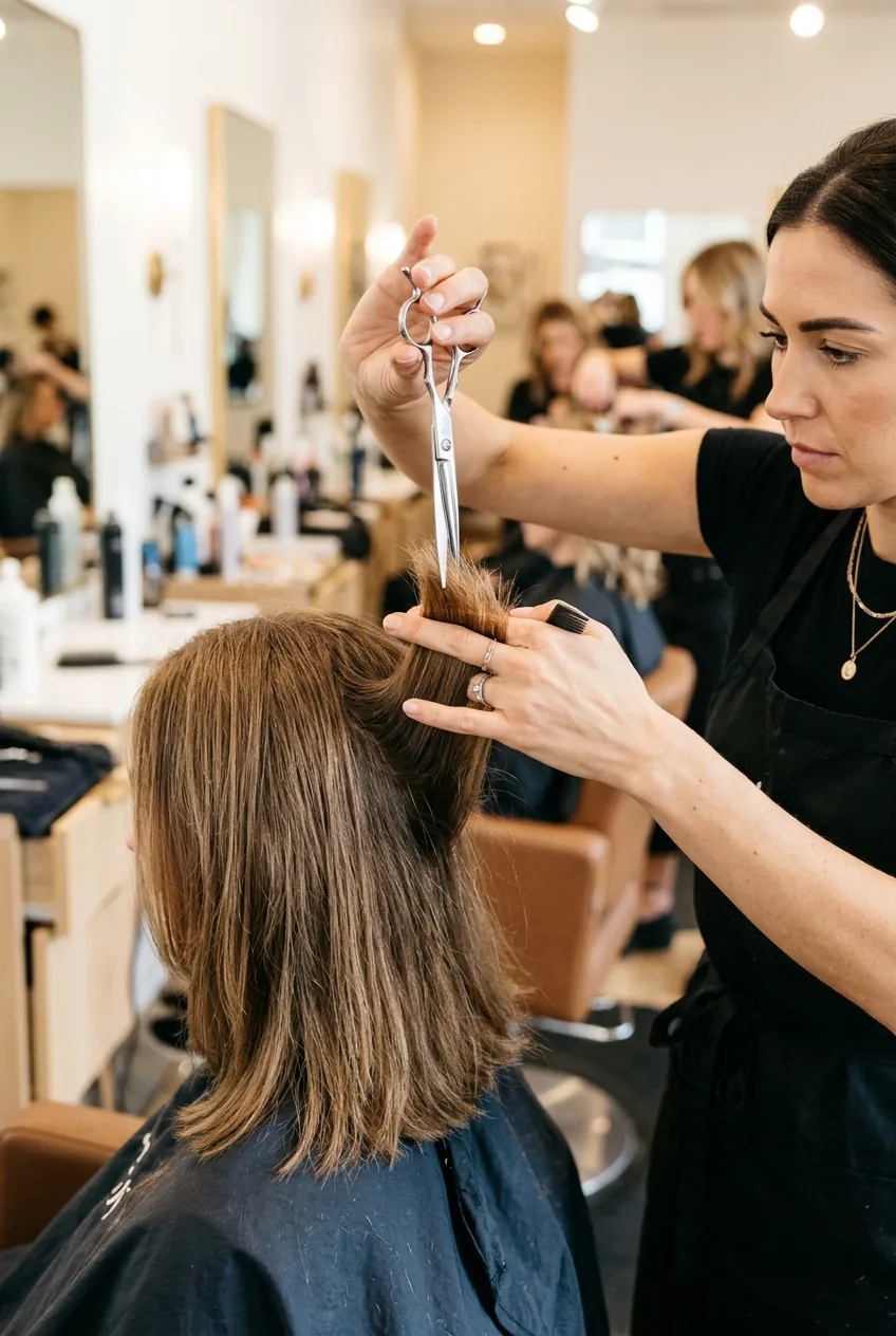 Hairstylist demonstrating point cutting technique with scissors held vertically on hair ends