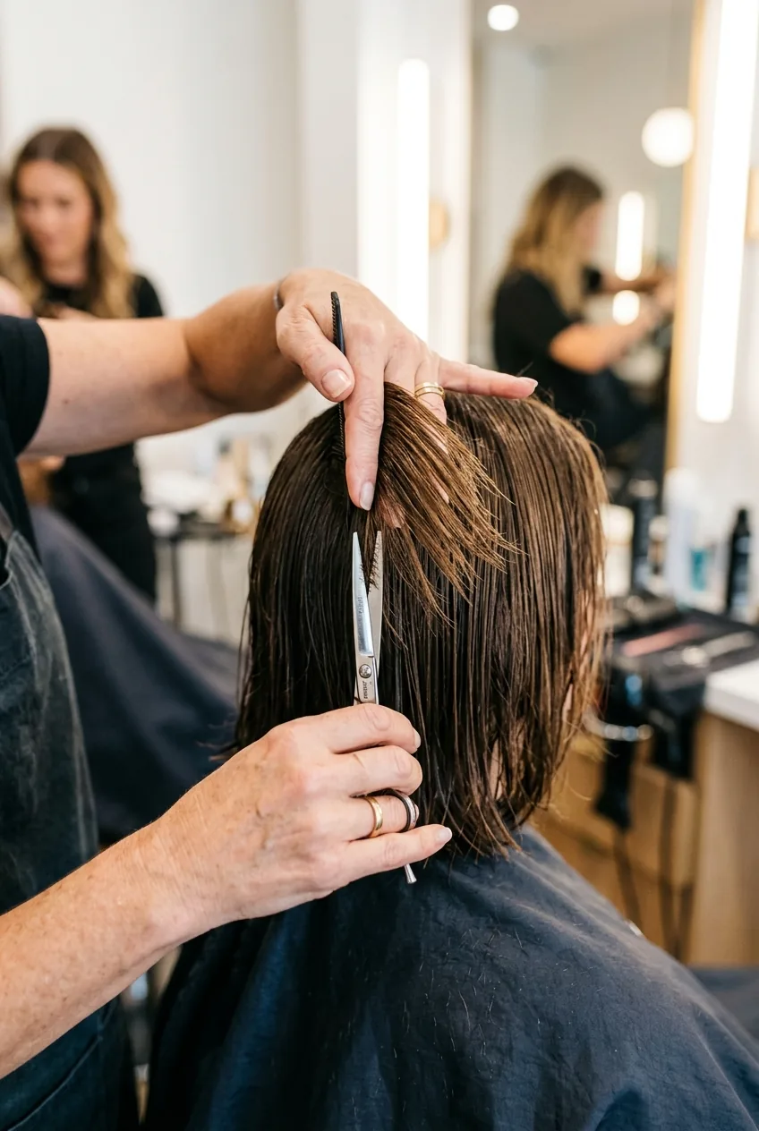 Detailed shot of point-cutting technique creating textured ends on French bob