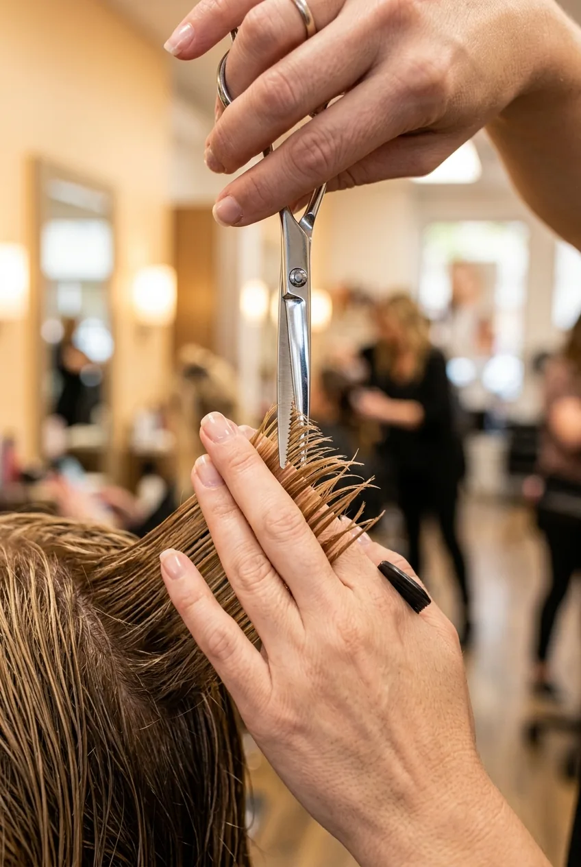 Extreme close-up of scissors held vertically performing point cutting technique on hair ends