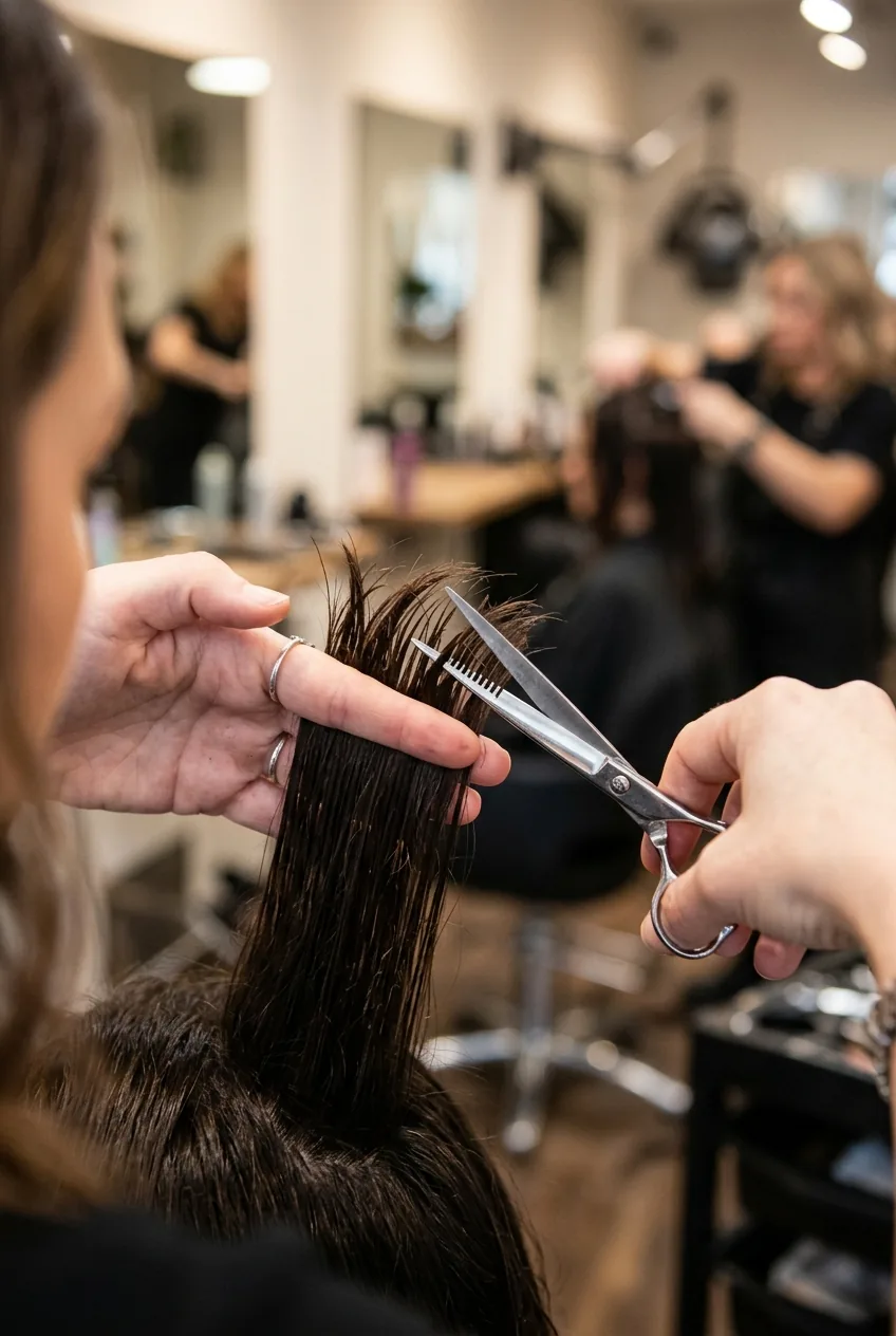 Hair being point cut with scissors held vertically making small precise cuts into the ends for texture