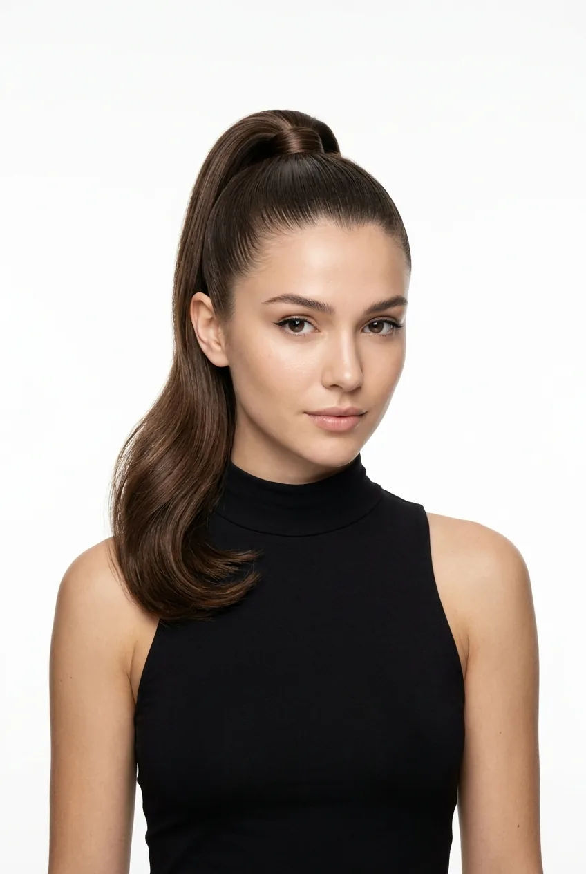 Woman with sleek high ponytail showing smooth polished finish and elevated positioning