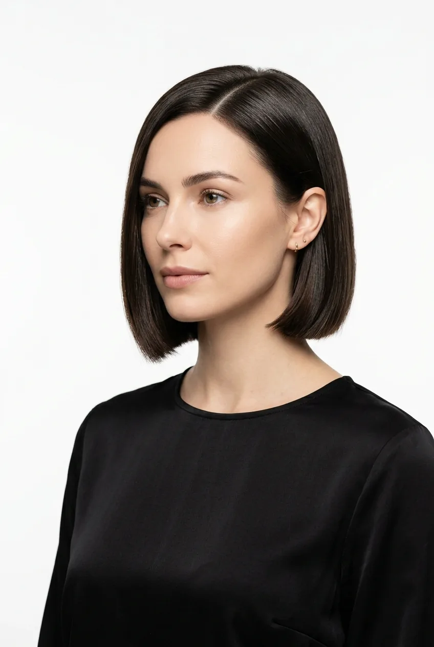 Woman with polished precision bob displaying sleek sophisticated styling