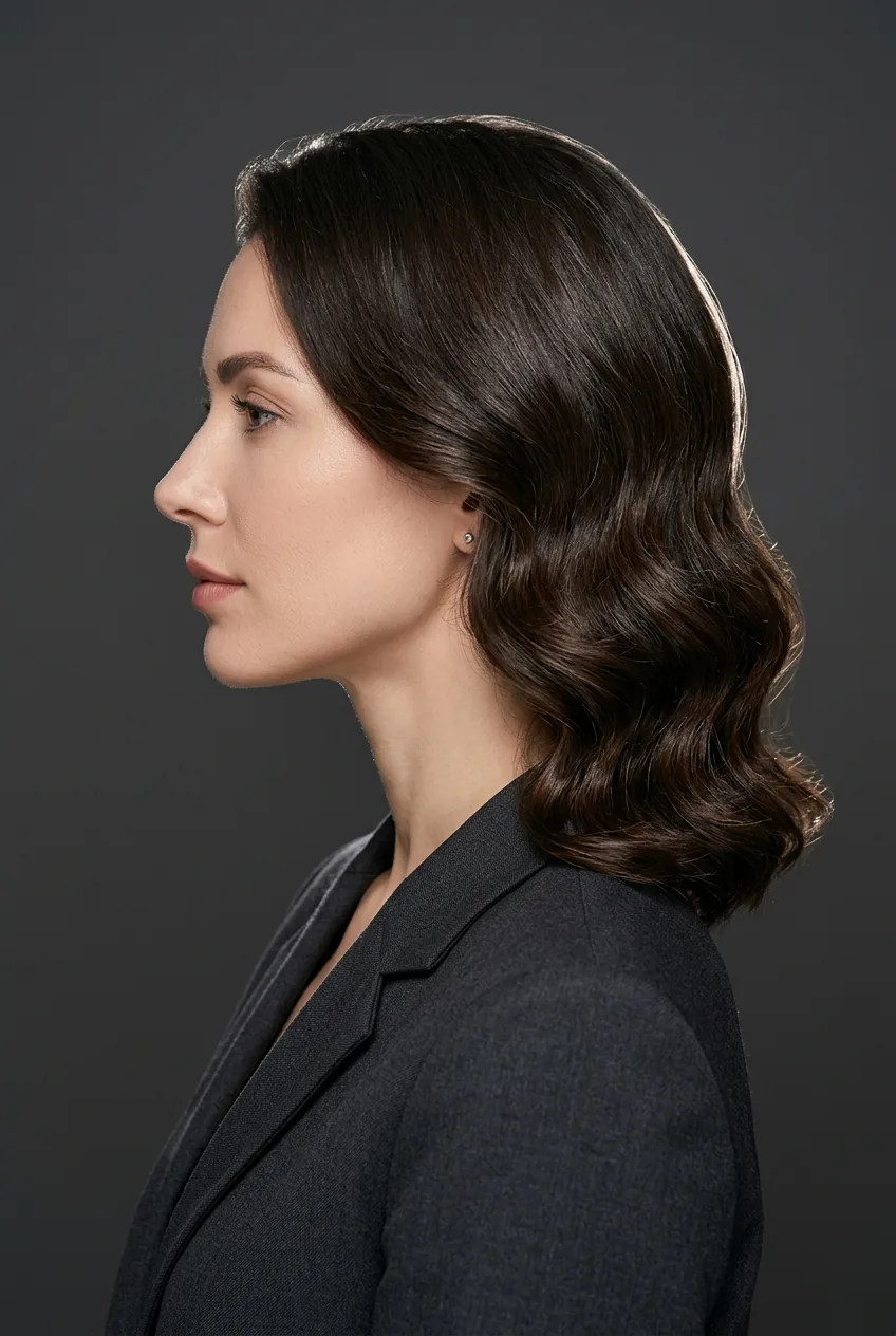 Woman with polished professional wavy lob displaying controlled S-curve wave pattern