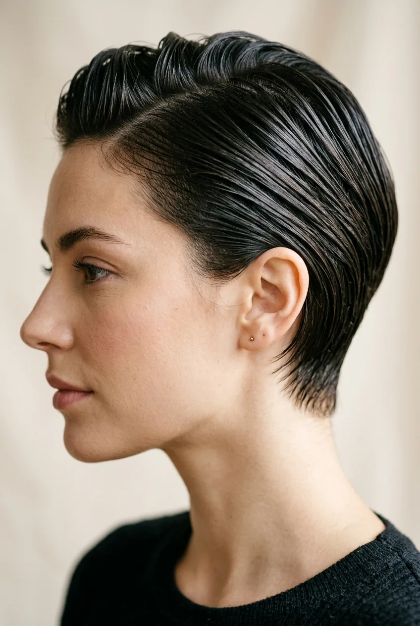 Short hair styled with pomade creating wet look finish and precise styling