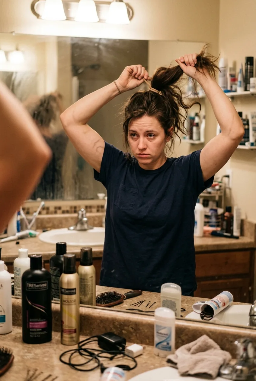 Woman mid-ponytail creation showing arm fatigue with messy counter and styling products visible