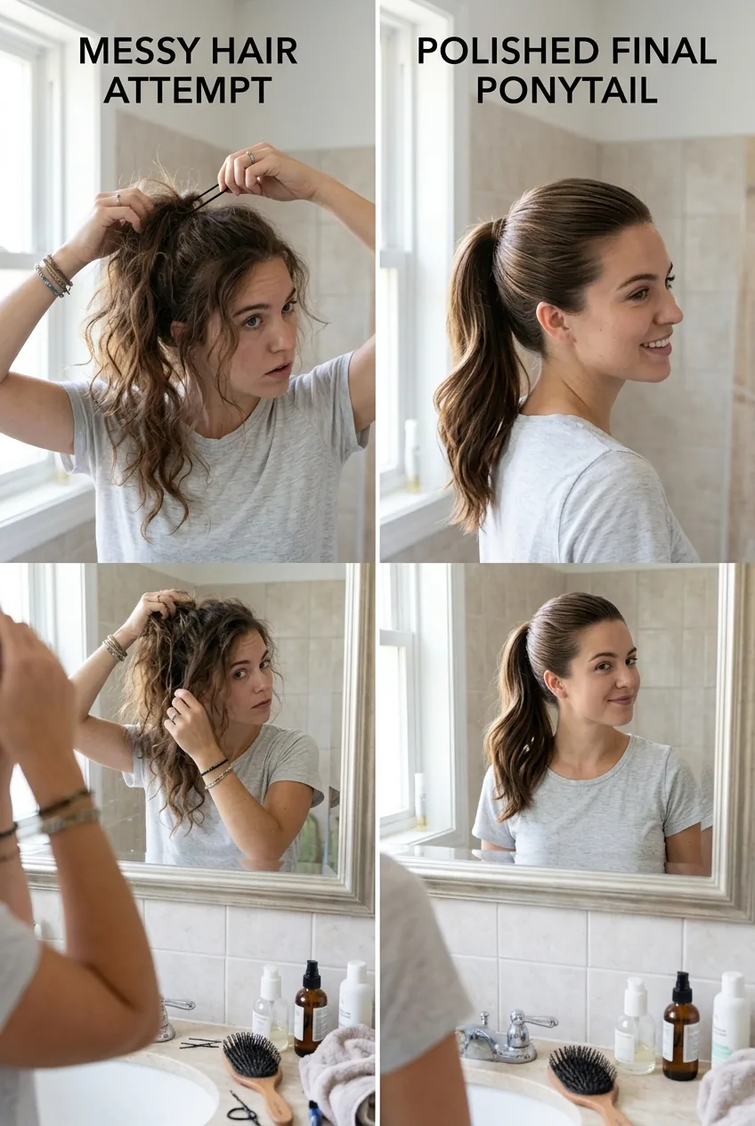 Split image showing messy ponytail attempt versus polished final result side by side